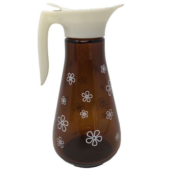 Thatcher Amber Glass Syrup Dispenser Daisy Flower Pattern Pitcher VTG 60's MCM - Picture 3 of 12